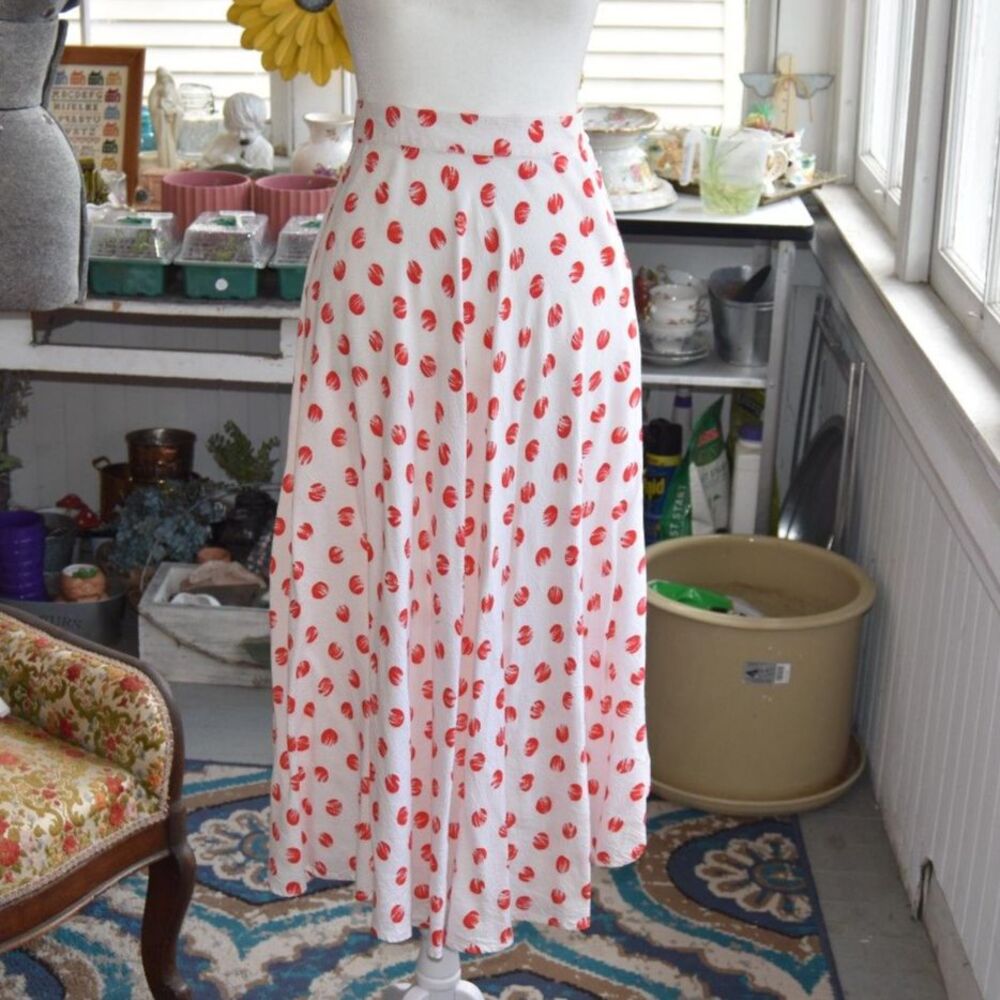 Vintage Josephine Chaus Red Polka Dot Rayon Midi Skirt High Waist 25 Size XS
